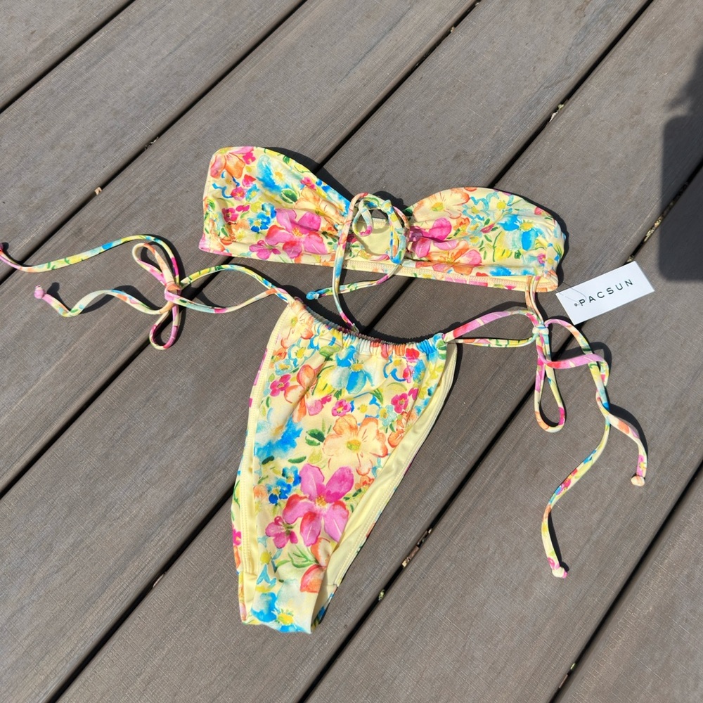 PacSun Yellow Floral Tie-Side Bikini with Pink & Blue Blooms
